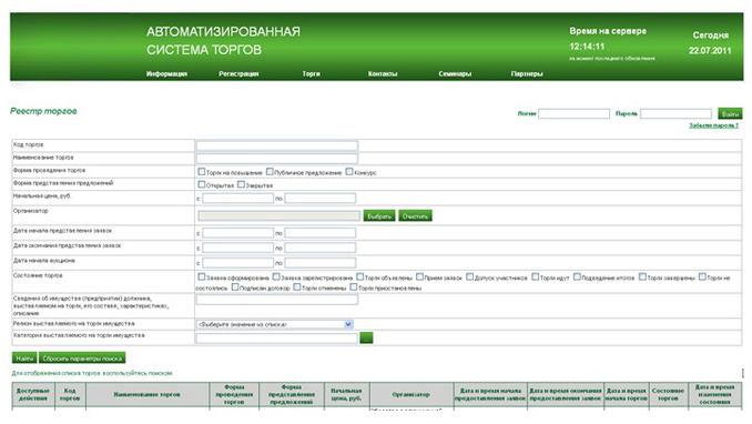 Интерфейс реестра торгов